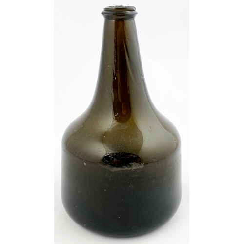 67 - ENGLISH LONG NECKED MALLET BOTTLE. 7.7ins tall, Black/ dark green glass. Another chunky form with di... 