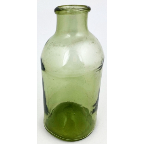 69 - ENGLISH PONTILLED UTILITY BOTTLE. 7.25ins tall. Dark aqua/ light smokey green glass. Wide mouth, app... 