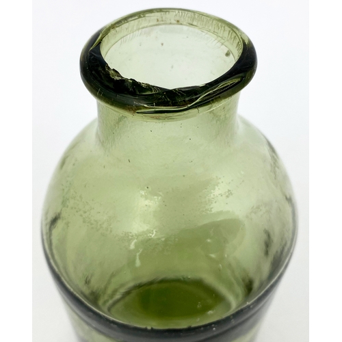 69 - ENGLISH PONTILLED UTILITY BOTTLE. 7.25ins tall. Dark aqua/ light smokey green glass. Wide mouth, app... 