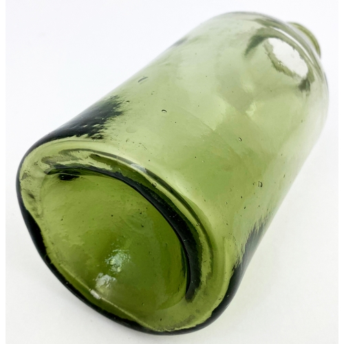 69 - ENGLISH PONTILLED UTILITY BOTTLE. 7.25ins tall. Dark aqua/ light smokey green glass. Wide mouth, app... 