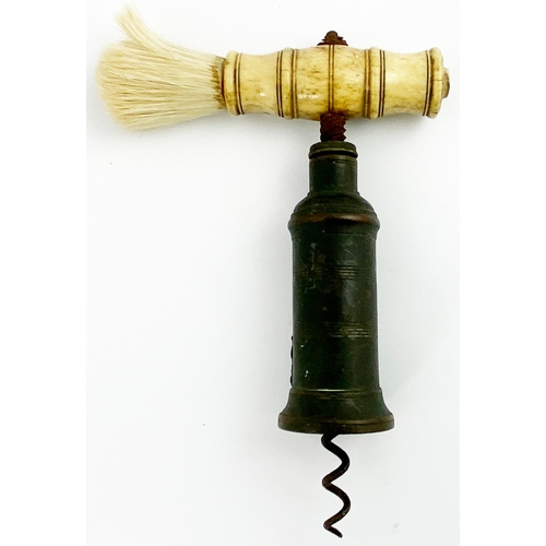 72 - THOMASON II CORKSCREW. 5.5ins tall. Bone & brass top with dusting brush. Coat of arms to front - top... 