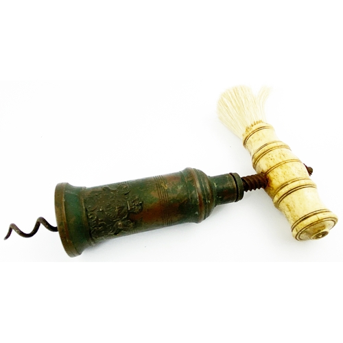 72 - THOMASON II CORKSCREW. 5.5ins tall. Bone & brass top with dusting brush. Coat of arms to front - top... 