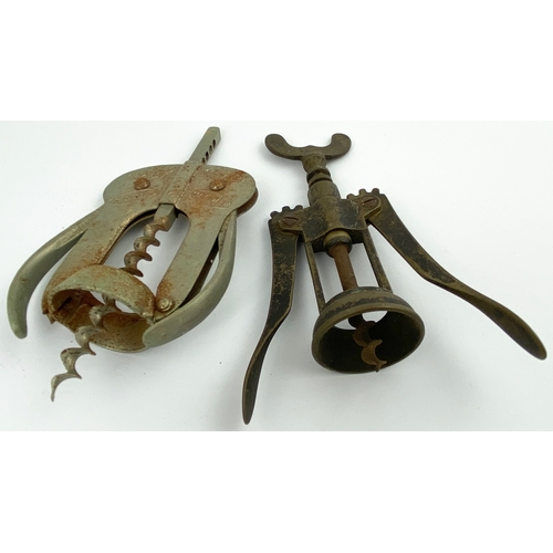 73 - CORKSCREW DUO. Tallest 6.25ins tall. Old plated steel, embossed both sides MAGIC/ LEVER/ CORK/ DRAWE... 