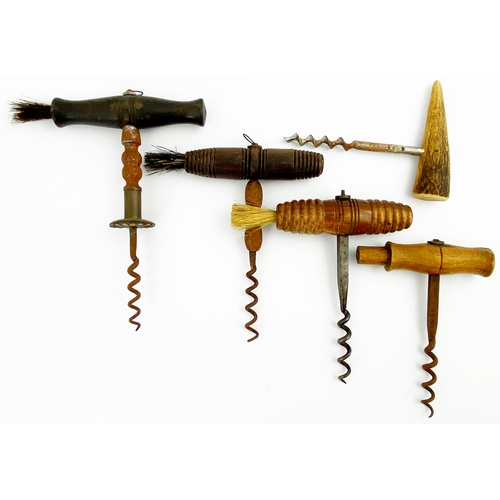 74 - CORKSCREW GROUP. Tallest 6.5ins tall. Wooden & bone handles. Some with dusting brushes on. Some rust... 