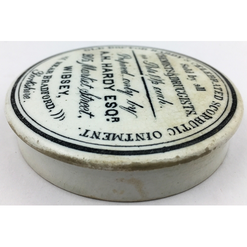 8 - WIBSEY DR HARDYS SCORBUTIC OINTMENT POT LID. (APL p663, 6) 3ins diam. Black transfer. A. H. HARDY ES... 