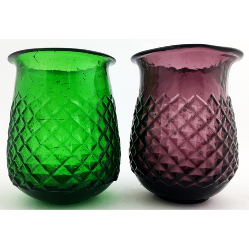 89 - NIGHT LIGHT COLOURED GLASS DUO. Tallest 3.5ins. Purple & green. Both with criss cross body design. G... 