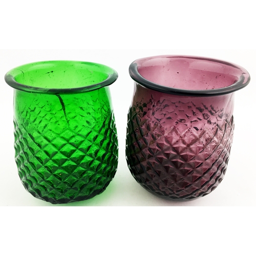 89 - NIGHT LIGHT COLOURED GLASS DUO. Tallest 3.5ins. Purple & green. Both with criss cross body design. G... 