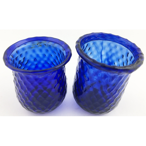 91 - COBALT BLUE NIGHT LIGHT DUO. Tallest 3.5ins tall. Cobalt blue glass. Both with criss cross body patt... 