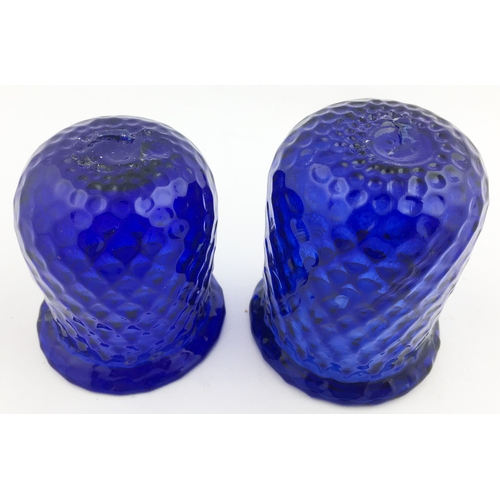 91 - COBALT BLUE NIGHT LIGHT DUO. Tallest 3.5ins tall. Cobalt blue glass. Both with criss cross body patt... 