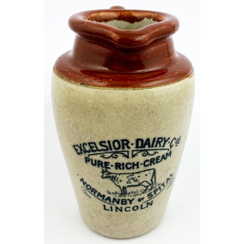 127 - LINCOLN CREAM POT. 5ins tall, t.t., rear handle, brown top, black transfer. EXCELSIOR DAIRY COs/ PUR... 