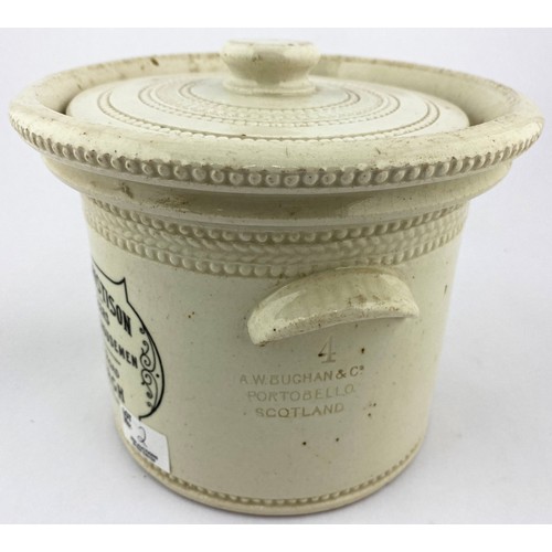 2 - EDINBURGH BUTTER CROCK. 6.5ins tall to lid top, 2 side 2. handles, overall all white, glaze. Front t... 