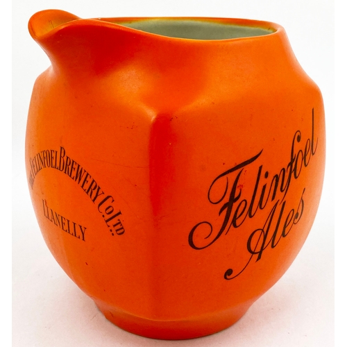 100 - LLANELLY PUB JUG. 5ins tall. Bright orange, black lettering to three side, rear handle THE FELINFOEL... 