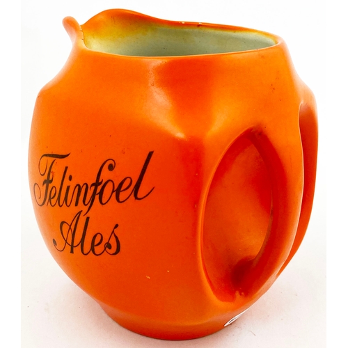 100 - LLANELLY PUB JUG. 5ins tall. Bright orange, black lettering to three side, rear handle THE FELINFOEL... 