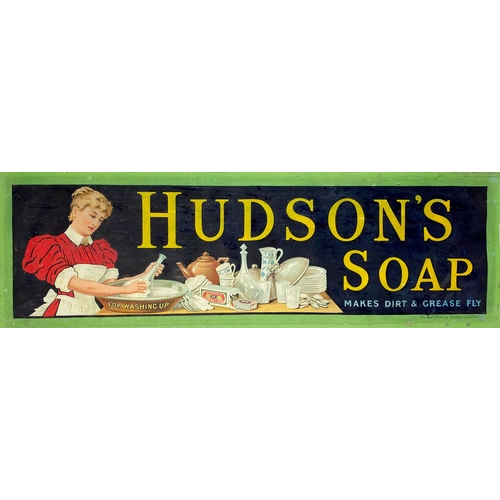 102 - HUDSONS SOAP APER ADVERT ON CARD. 8 x 25.5ins. Lady pictured washing up. Lovley colours, great image... 