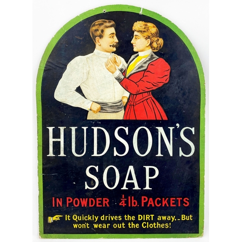 103 - HUDSONS SOAP DOUBLE SIDED CARD ADVERT. 13 x18ins. Curved top. Striking colours. Man & woman pict to ... 