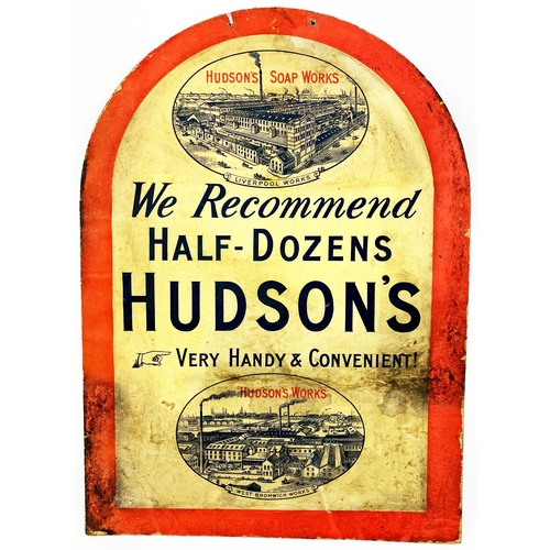 103 - HUDSONS SOAP DOUBLE SIDED CARD ADVERT. 13 x18ins. Curved top. Striking colours. Man & woman pict to ... 