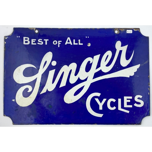 104 - SINGER CYCLES DOUBLE SIDED ENAMEL. 12 x 18ins. Blue with white lettering. BEST OF ALL/ SINGER/ CYCLE... 