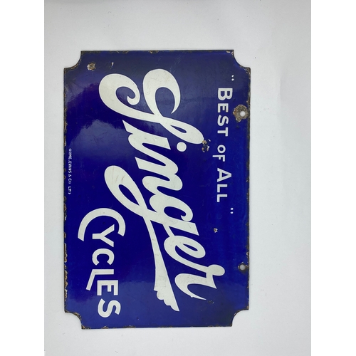 104 - SINGER CYCLES DOUBLE SIDED ENAMEL. 12 x 18ins. Blue with white lettering. BEST OF ALL/ SINGER/ CYCLE... 