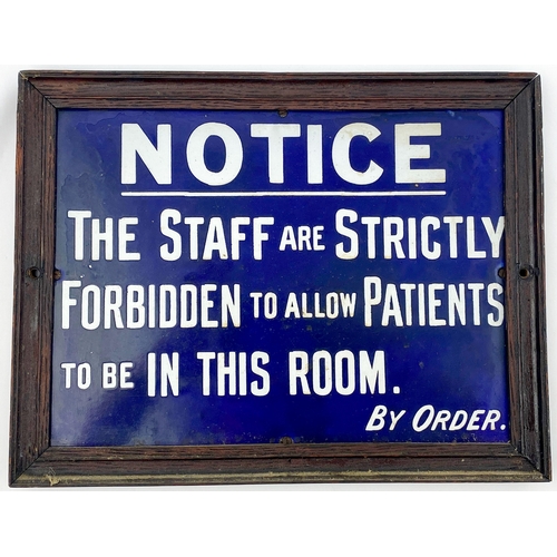 105 - NOTICE FRAMED ENAMEL SIGN. 13.5 x 10.5ins. Blue enamel with white lettering. NOTICE/ THE STAFF ARE S... 