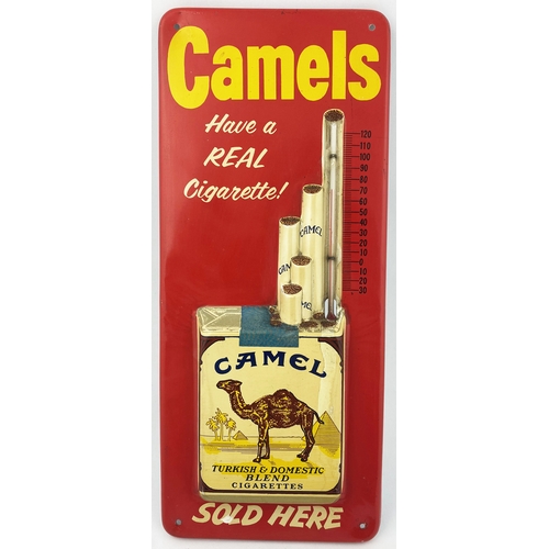 96 - CAMELS CIGARETTES ADVERTISING TIN THERMOMETER. 5.75 x 13.5ins. Red with embossed packet of cigarette... 