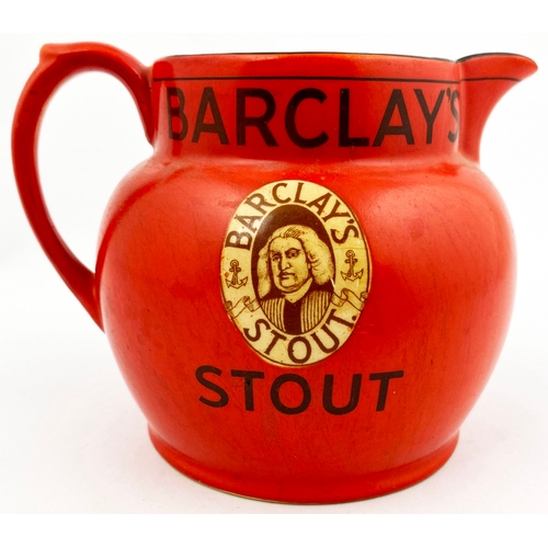 97 - BARCLAYâS STOUT PUB JUG. 4ins tall. Red, black rim to top edge, side handle. Double sided, brown p... 