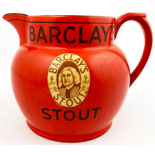 97 - BARCLAYâS STOUT PUB JUG. 4ins tall. Red, black rim to top edge, side handle. Double sided, brown p... 