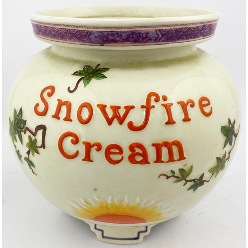 1 - SNOWFIRE CREAM SHOP COUNTER BOWL. 6.5ins Earthenware chemist jar advertising Snowfire Cream a popula... 