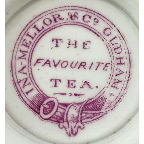 2 - THE FAVOURITE TEA JUG. 5ins White jug with pink/ purple detailed pictorial of Oldham Lyceum to face.... 