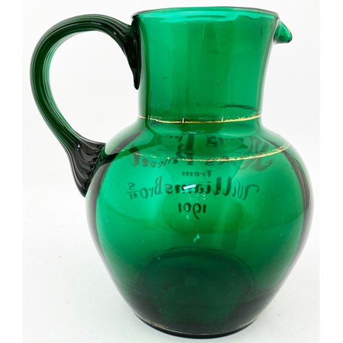 5 - WILLIAMS BROS 1901 GLASS JUG. 5.75ins Jade green glass jug with Xmas Present from Williams Bros 1901... 