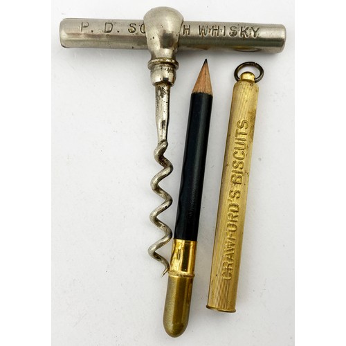 8 - PENCIL AND CORKSCREW DUO. 3.5ins longest. Metal cases. Crawfords Biscuits to case of pencil. Peter D... 