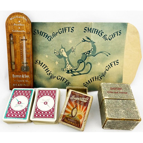 14 - WATCHMAKERS RELATEED GROUP. Boxed playing cards, thermometer, watch box and envelope. of promotional... 