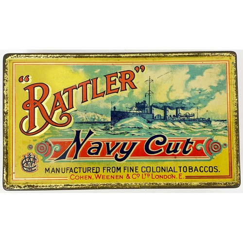 17 - RATTLER NAVY CUT TOBACCO TIN. 6.5 x 4ins. Multicoloured with ship pict to centre & print to inside l... 