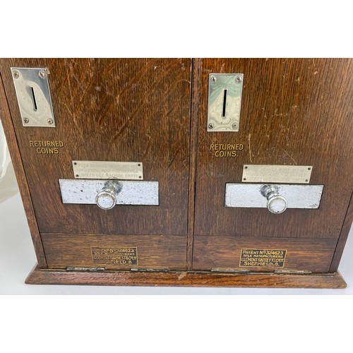 29 - WILLS CAPSTAN DUAL CIGARETTE MACHINE. 23ins tall, 7ins wide, 15ins length. Wooden machine with hinge... 