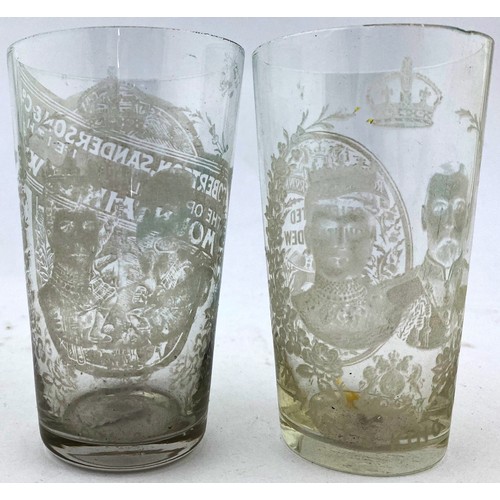 38 - MOUNTAIN DEW ACID ETCHED BEAKERS. 4ins tall. Clear glass. King & Queen pics to rear. (2)