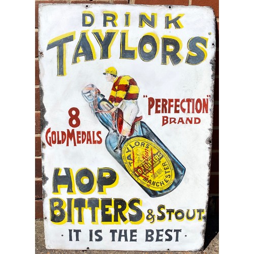 40 - TAYLORS HOP BITTERS ENAMEL SIGN. 20 x 30ins. Jockey riding bottle pict to centre. Heavily restored &... 