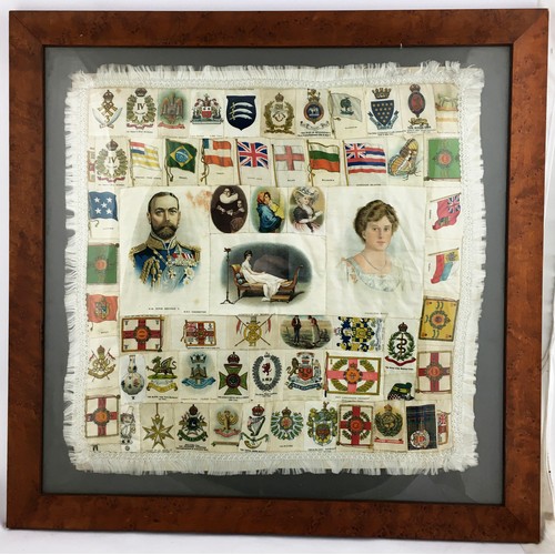 44 - ANTIQUE MILITARY SILKS FRAMED PATCHWORK. Approx. 2ft square frame. King George V (BDF cigarettes) & ... 