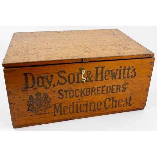 74 - DAY, SON & HEWITTS MEDICINE CHEST AND CONTENT. 8.25 x 6 x 12ins. Multiple bottle and sachets of worm... 