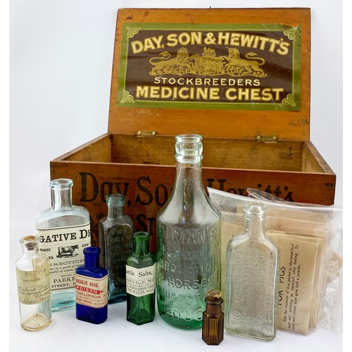 74 - DAY, SON & HEWITTS MEDICINE CHEST AND CONTENT. 8.25 x 6 x 12ins. Multiple bottle and sachets of worm... 