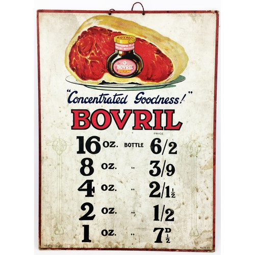 78 - BOVRIL SHOWCARD. 19.75x14.5 ins Bovril price card hanging showcard. Some signs of wear and aging on ... 