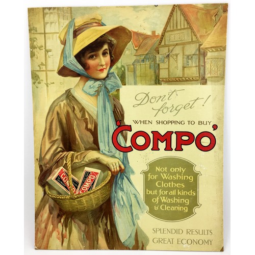 79 - COMPO WASHING SOAP SHOWCARD. 19x15.5ins Bonneted lady with basket carrying Compo soap scene. small h... 