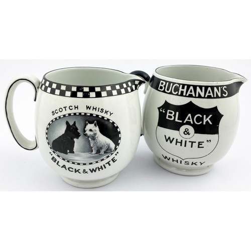 84 - UCHANANS BLACK & WHITE WATER JUG DUO. Tallest 5ins tall. Both different images, double sided, dogs s... 