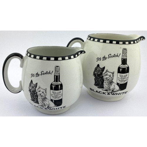 86 - BUCHANANS BLACK & WHITE WATER JUG DUO. Tallest 5ins. Different size jugs, same images to both. Shell... 