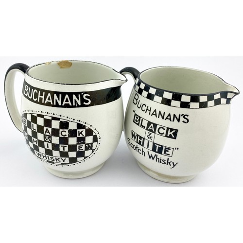 88 - BUCHANANS BLACK & WHITE WATER JUG DUO. Tallest 5ins tall. Both with a different chequred block patte... 