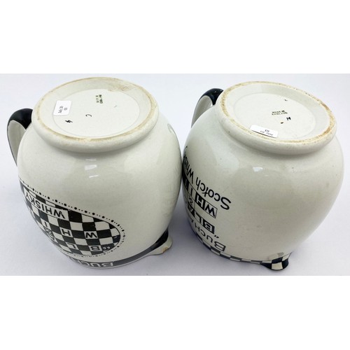 88 - BUCHANANS BLACK & WHITE WATER JUG DUO. Tallest 5ins tall. Both with a different chequred block patte... 