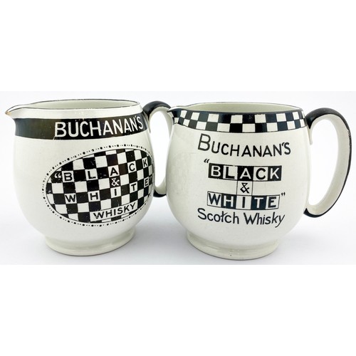 88 - BUCHANANS BLACK & WHITE WATER JUG DUO. Tallest 5ins tall. Both with a different chequred block patte... 