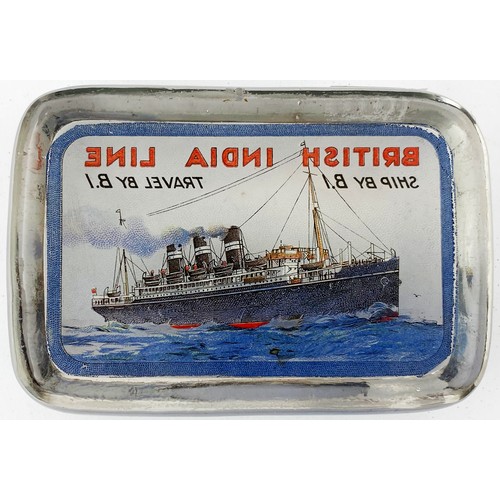 90 - BRITISH INDIA LINE GLASS PAPER WEIGHT. 3 x 4ins. Multicoloured ship in turbulent sea scene. Surface ... 