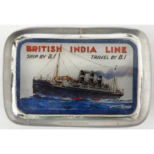 90 - BRITISH INDIA LINE GLASS PAPER WEIGHT. 3 x 4ins. Multicoloured ship in turbulent sea scene. Surface ... 