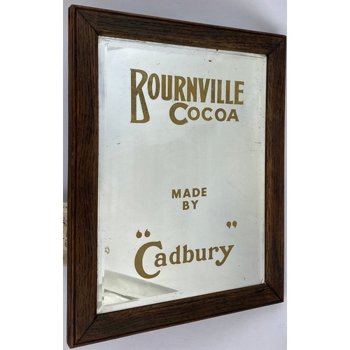 108 - CADBURY BOURNVILLE COCOA FRAMED MIRROR. 13.75 x 17ins. Wooden frame, gold lettering & bevelled edges... 