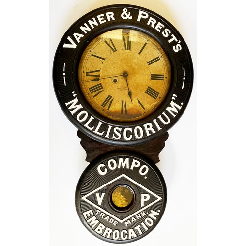 109 - VANNER & PRESTS MOLLISCORIUM ADVERTISING CLOCK. 31ins tall, 18.5ins wide, 4ins high. Baird Clock Co,... 