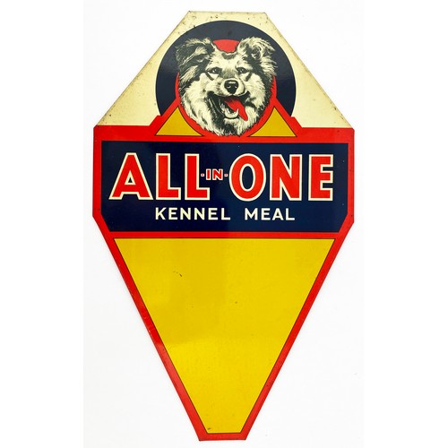 110 - ALL IN ONE KENNEL MEAL TIN ADVERTISING SIGN. 12.5 x 7.5ins. Black & white dog pict to centre top wit... 